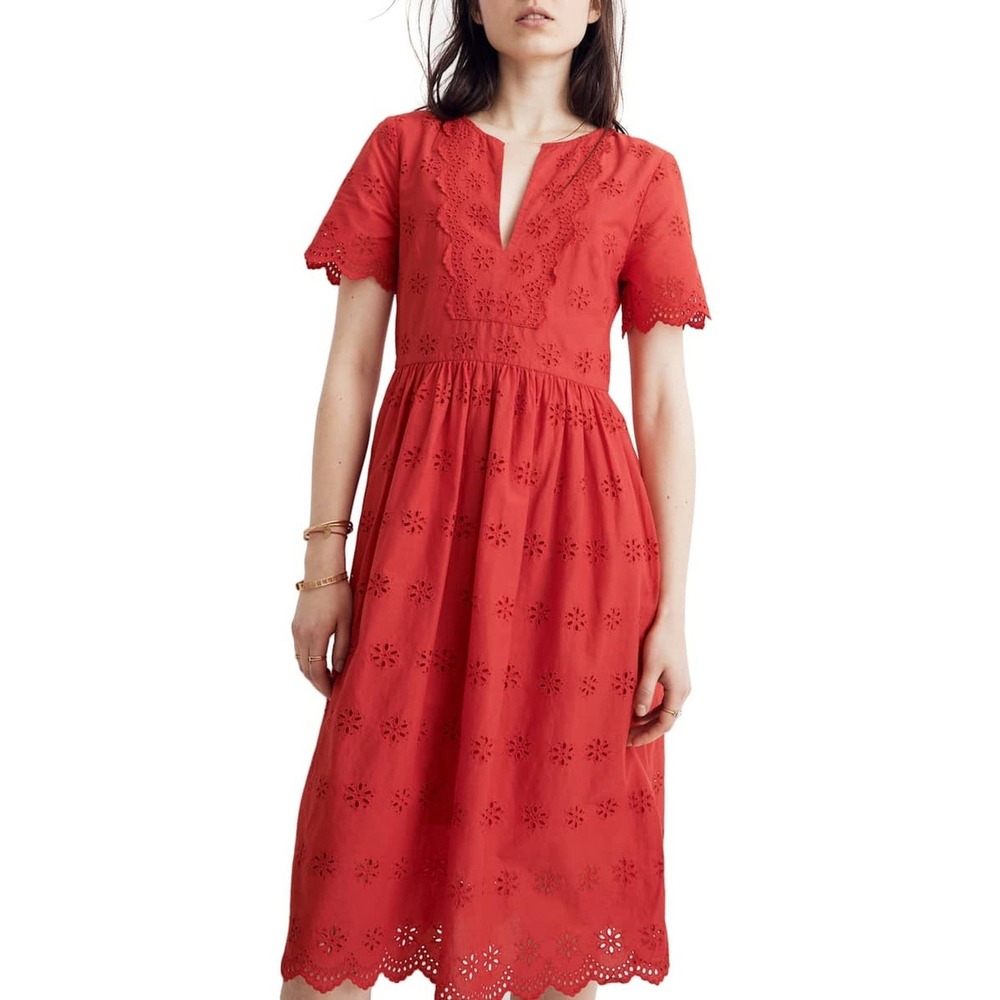 Madewell Scalloped Eyelet Midi Dress 2 Prairie Floral Enamel Red Lace V Neck
